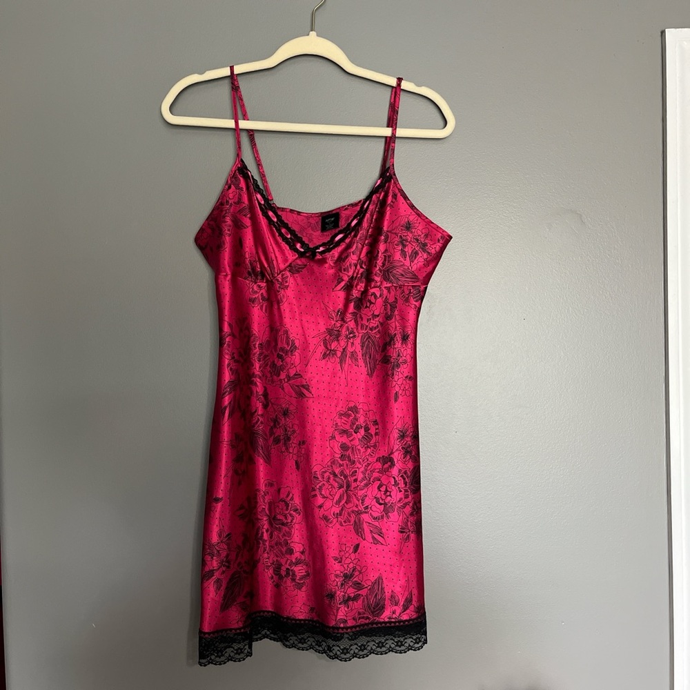 Women's Pink Floral Satin Slip Nightdress with Lace Trim